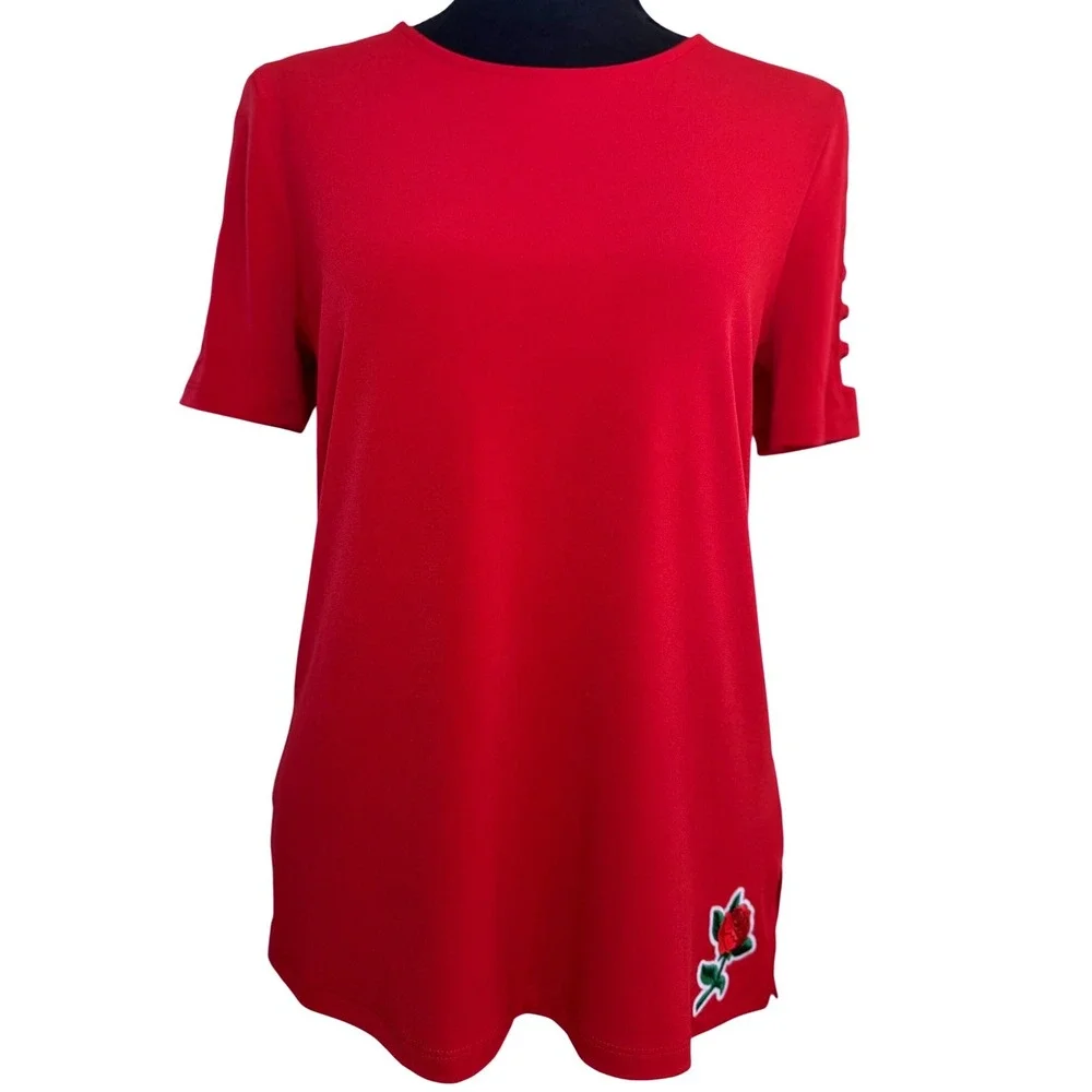 Michael Kors Rosecore Women Small Red Rose Embroidered Patch Shoulder Cutout Top